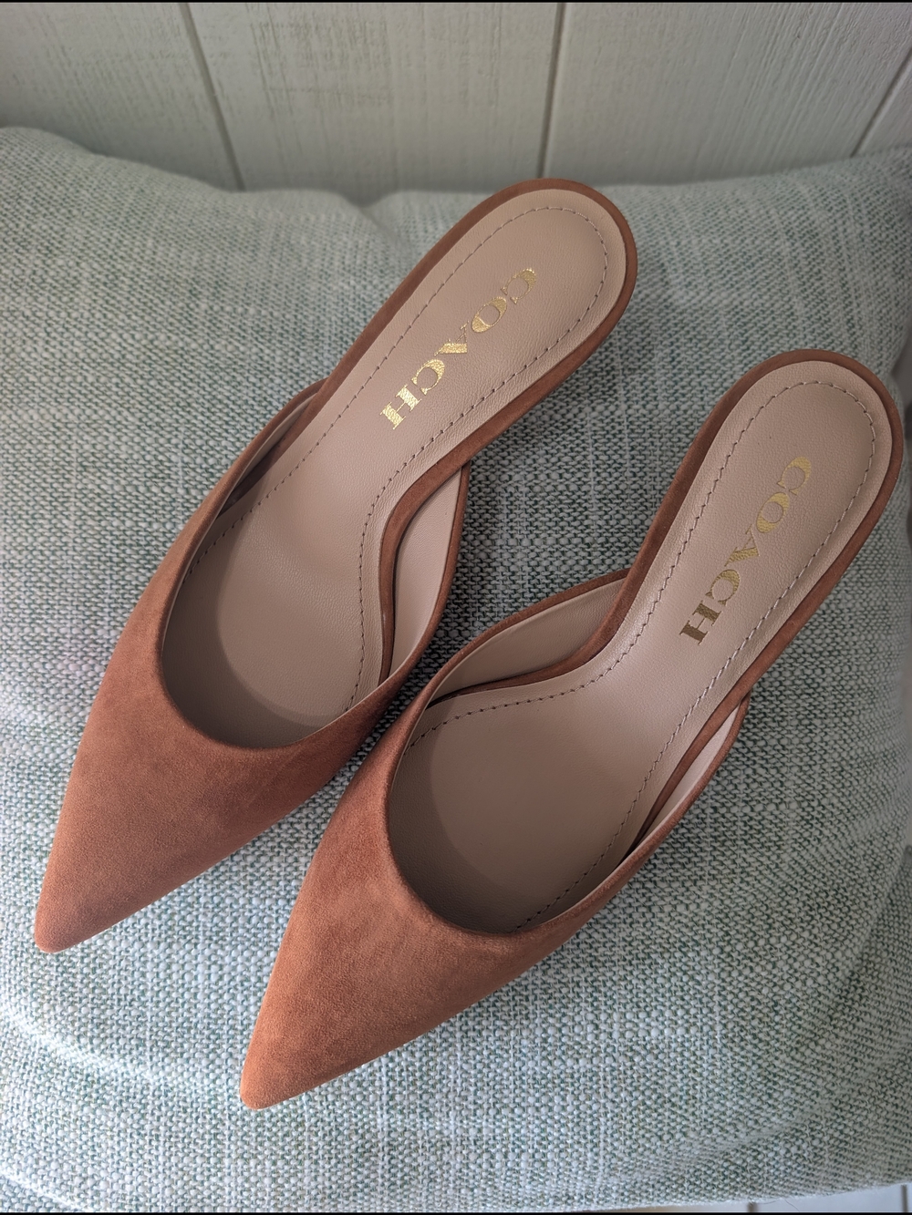 COACH Women's Pointed-Toe Mule Heels in Tan Suede - Picture 10 of 12